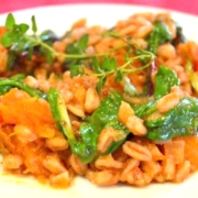 Easy Butternut Farrotto Recipe (farro risotto) 2 butternut farrotto on a white plate with a red background