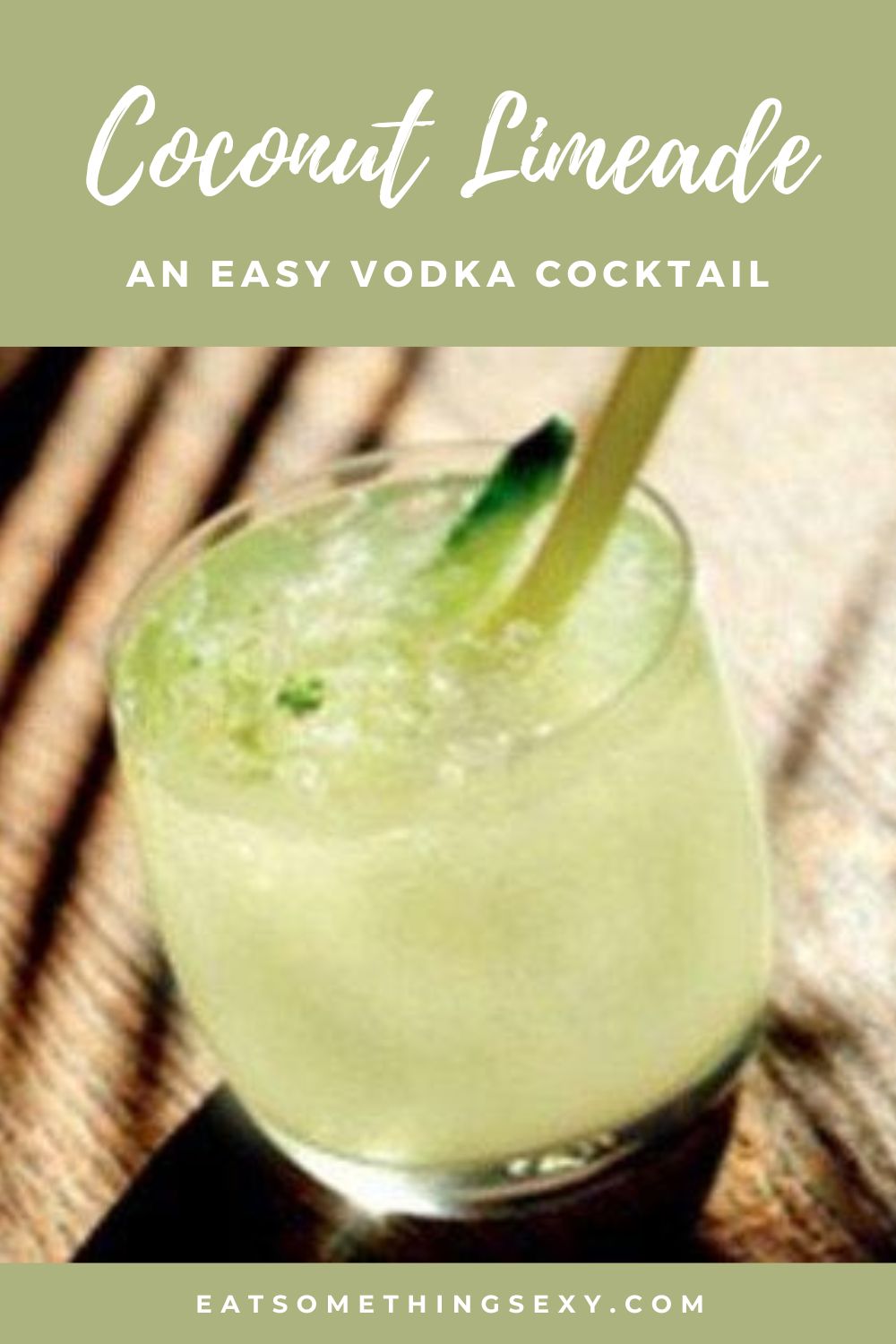 coconut vodka drink recipe graphic with white writing on a green background and a photo of the cocktail in the center