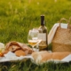 Picnic wine and cheese board in the center of a blanket on a grassy field with a wicker basket in the background