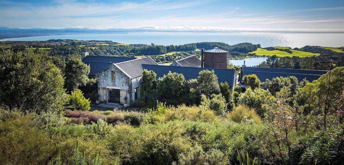 overhead view of the Farm at Cape Kidnappers with the ocean in the background