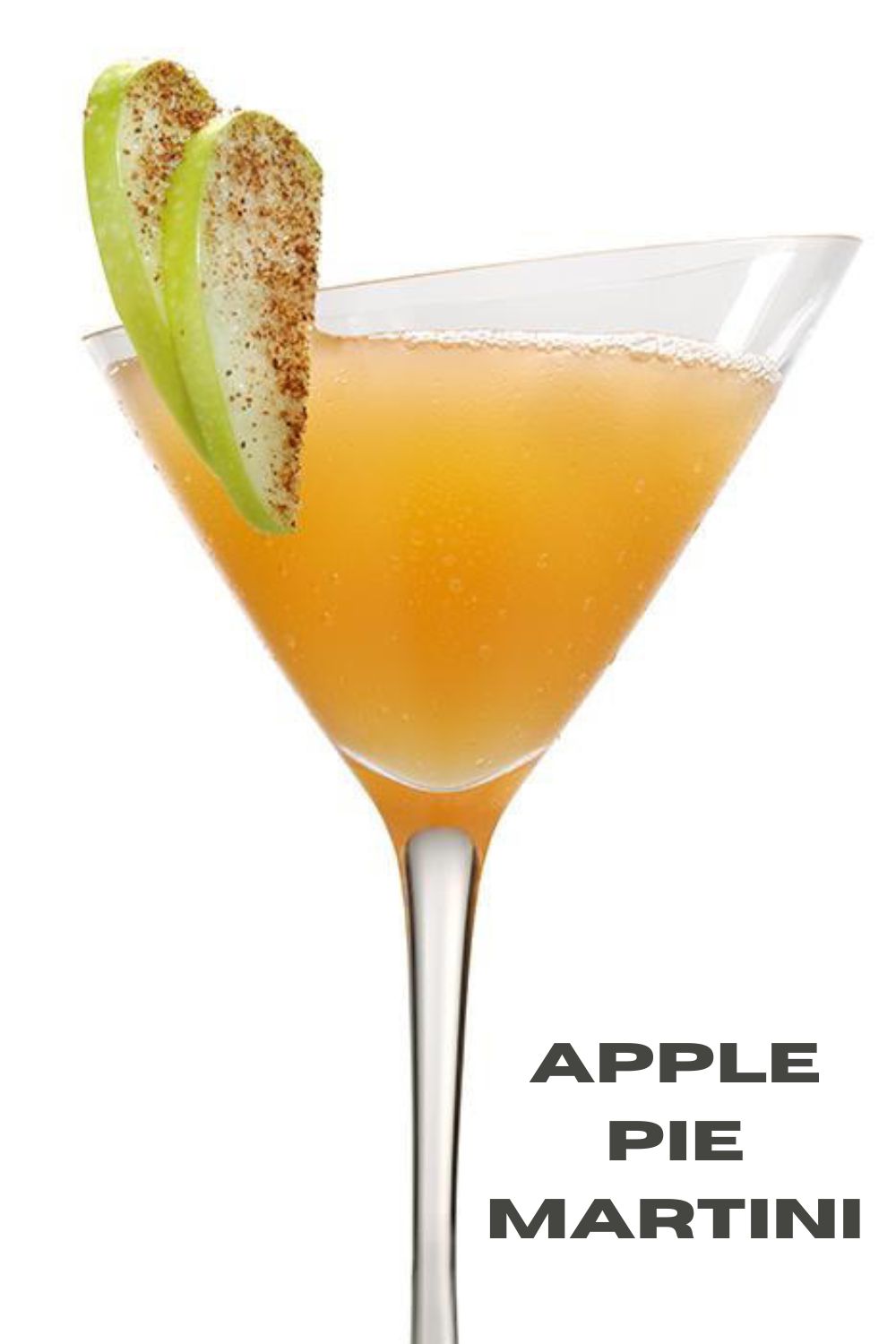 Apple Pie Cocktail graphic with a closeup of the drink garnished with a granny apple slice and the text, "apple pie martini"