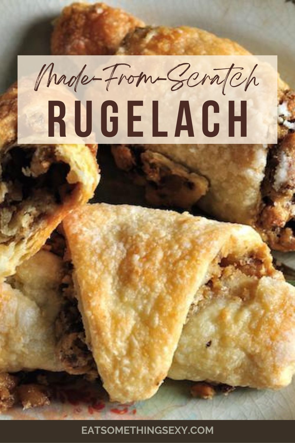 Grandma's rugelach recipe graphic with closeup of three rugelach