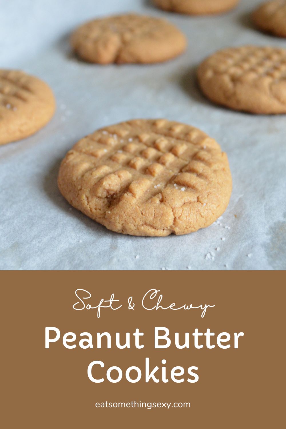 soft and chewy peanut butter cookies graphic with tray of just-baked cookies on white parchment