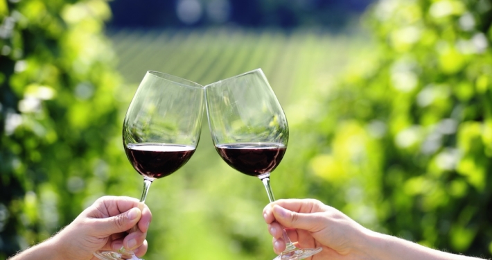 a man and woman's hands toasting with red wine glasses in a vineyard, the people are not visible
