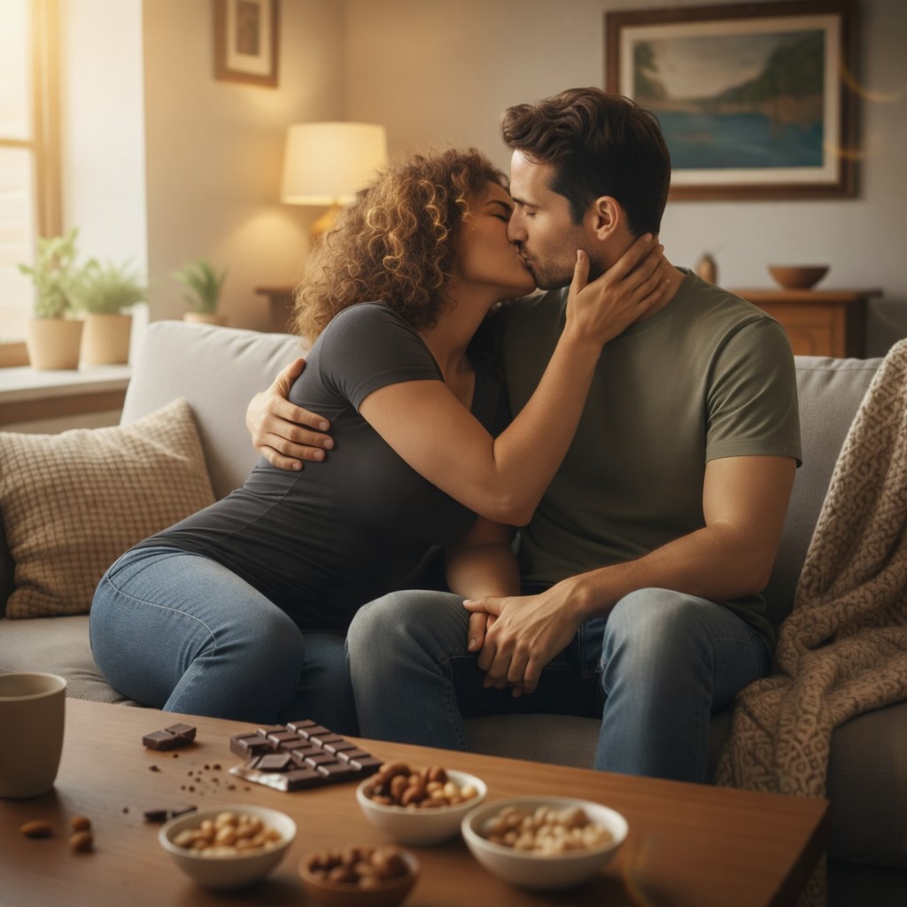 couple on a couch kissing with a sexy snack on the coffee table in front of them