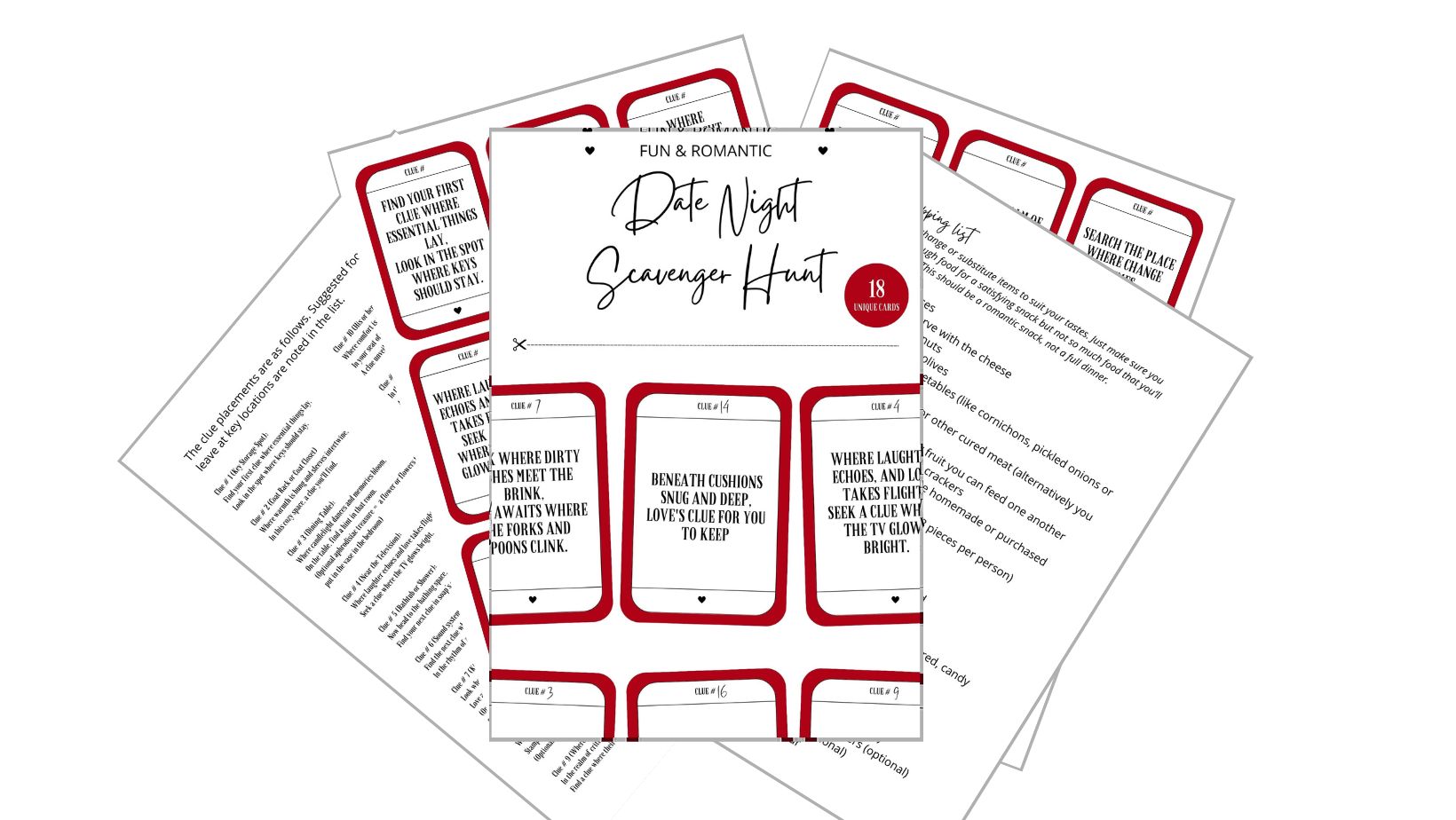 product shot of all the pages included in the Date Night Scavenger Hunt on a white background