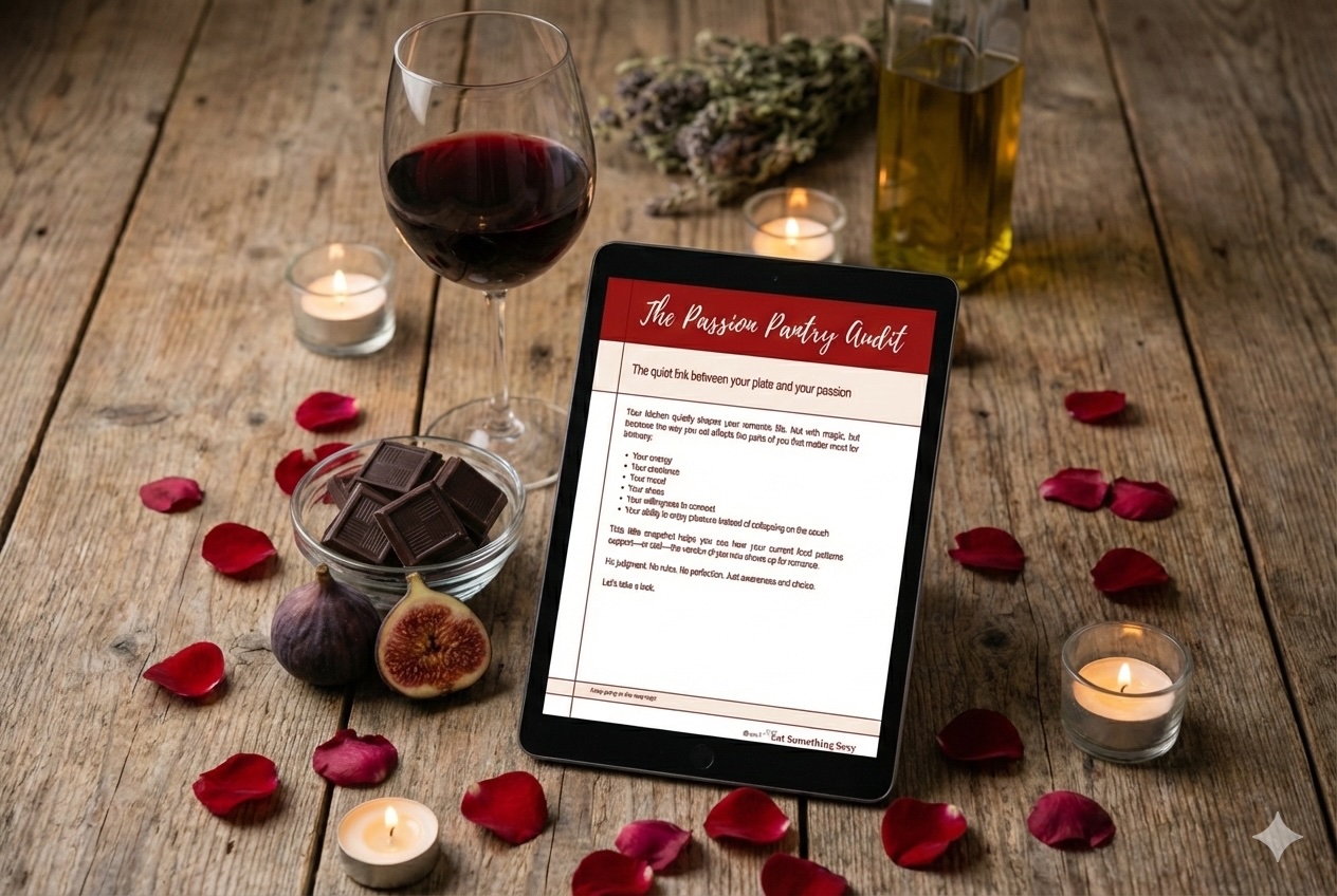 Closeup of the product the Passion Pantry Audit on a tablet placed on a wooden table beside a glass of wine, a candle and rose petals