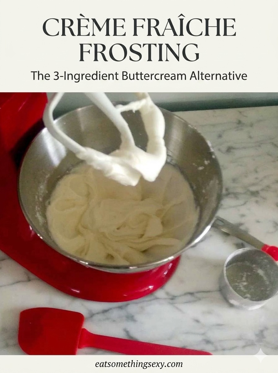 Crème Fraîche Frosting: A Tangy, Not-Too-Sweet Alternative to Buttercream 3 Creme Fraiche Frosting graphic with a closeup of the frosting in a red Kitchenaid stand mixer and the text "the 3-ingredient buttercream alternative"