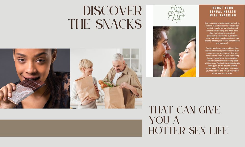 Six sex-boosting snack foods graphic with three images of people eating aphrodisiac foods and two text boxes with sales copy