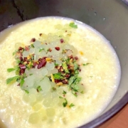 Annette Tomei's white gazpacho in a black bowl