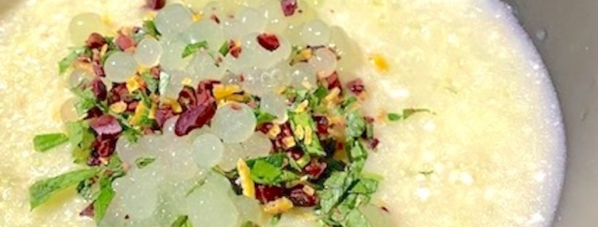 Annette Tomei's white gazpacho in a black bowl