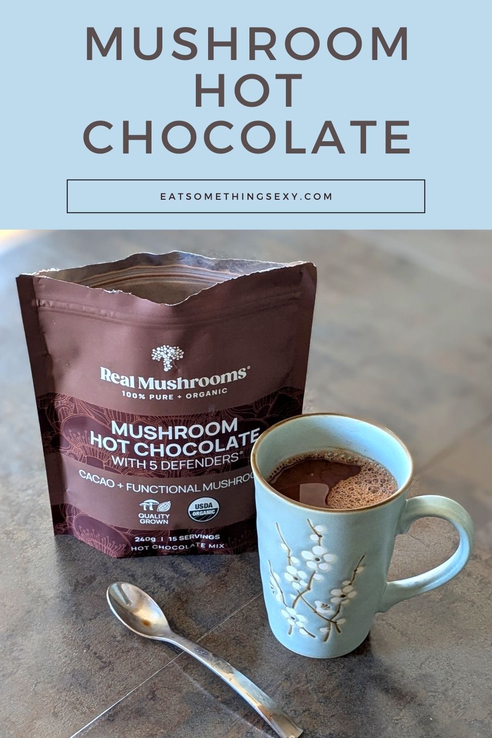 mushroom hot chocolate graphic with a closeup of the product and a mug of the hot chocolate with a blue banner at the top