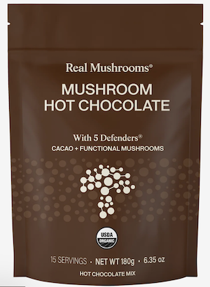 Closeup of Real Mushrooms mushroom hot chocolate packaging