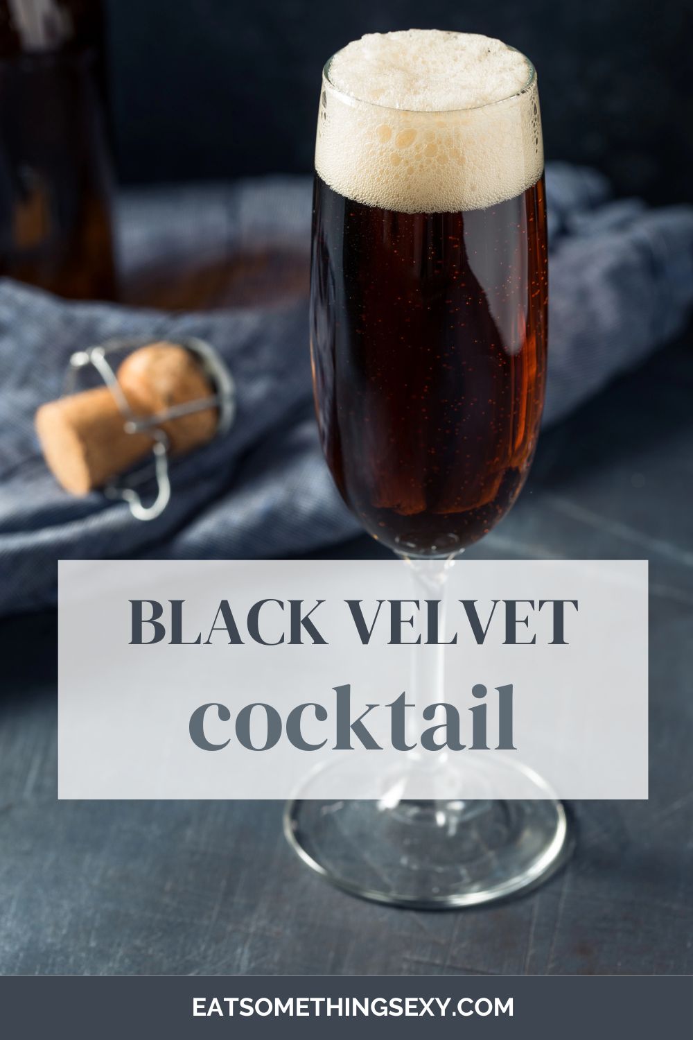 black velvet cocktail graphic with a closeup of the drink in a champagne flute on a dark gray background