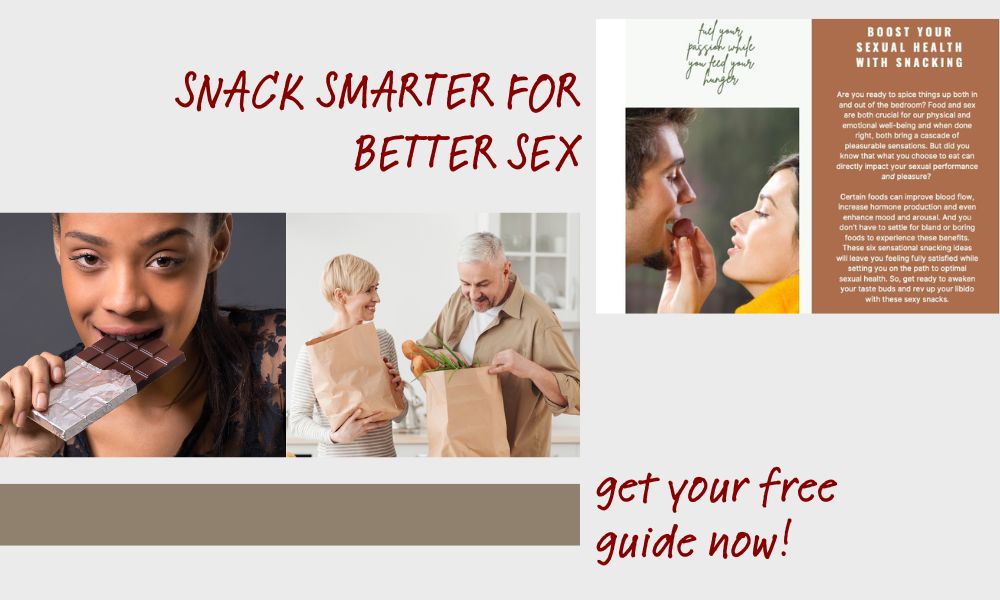 subscribe to our email graphic featuring photos of happy people eating aphrodisiac snacks and a sneak peak at the free snacking guide