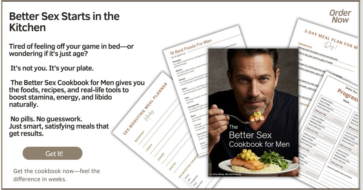 The better sex cookbook for men ad with an image of the ebook and supporting worksheets