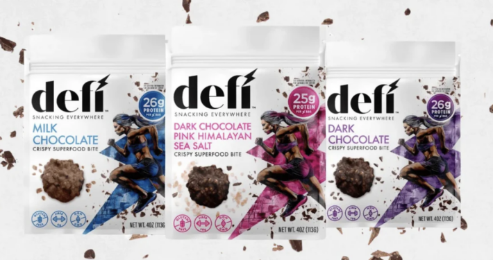 product shot of all three varieties of defi chocolate crispy superfood bites