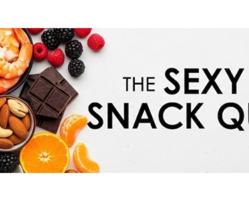 sexy snack quiz banner with black text on a white background surrounded by snack foods including nuts, berries, pomegranate, shrimp, hummus, avocado