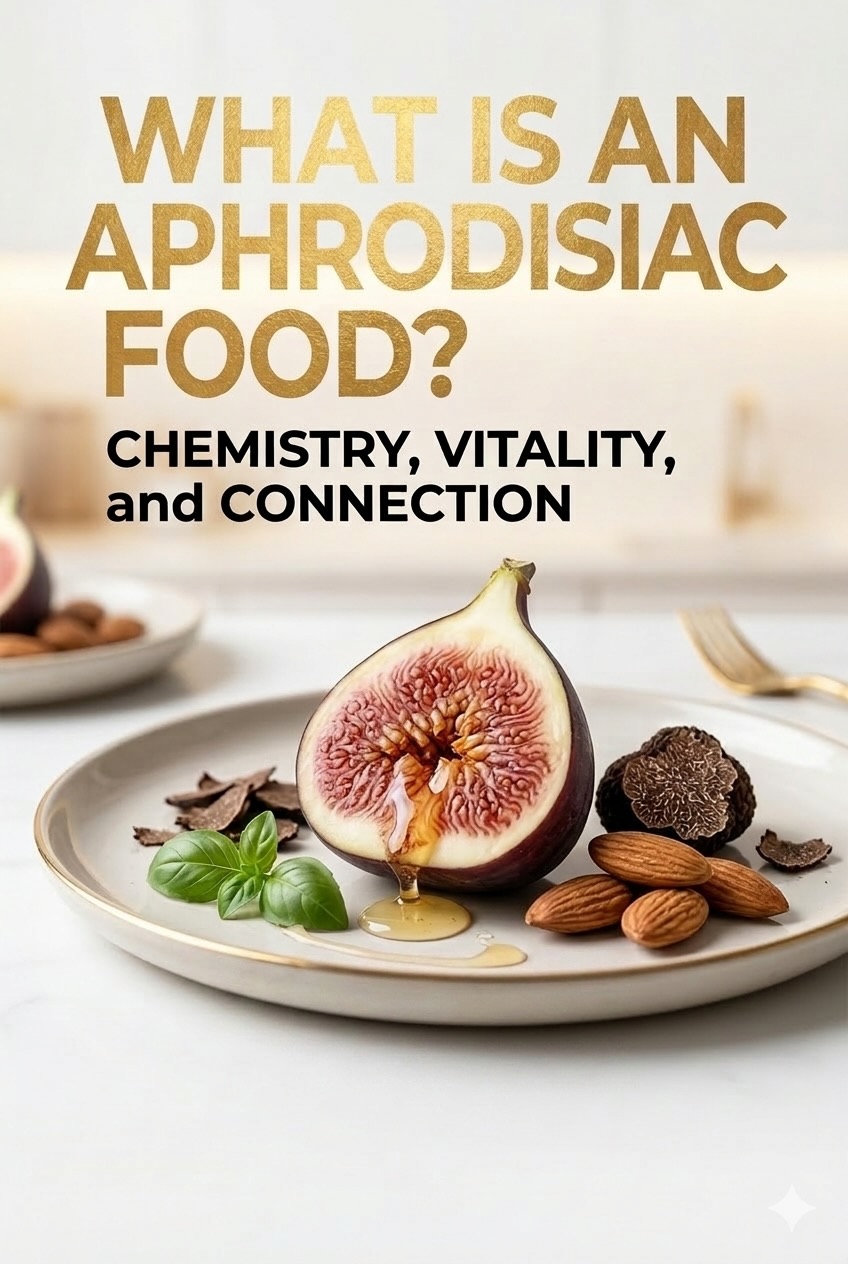 pinnacle graphic with the text, "what is an aphrodisiac food? chemistry, vitality and connection" and a cream colored plate with examples of aphrodisiac foods including figs, almonds, basil and honey